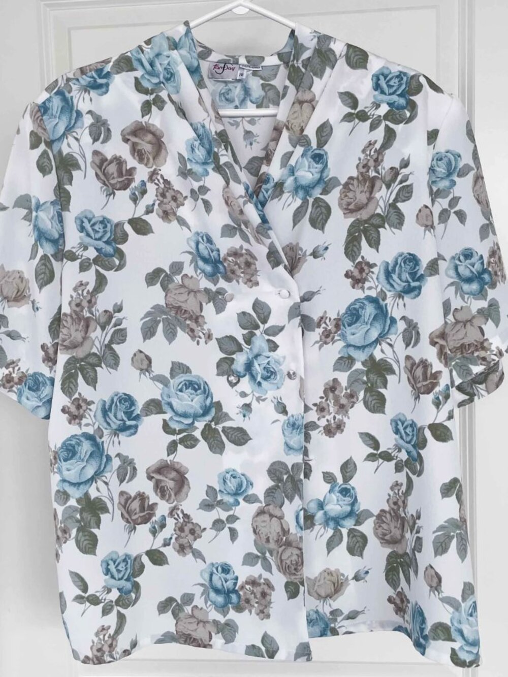 Vintage Double Breasted Floral Blouse.  Pastel Blue Rose V-neck Shirt